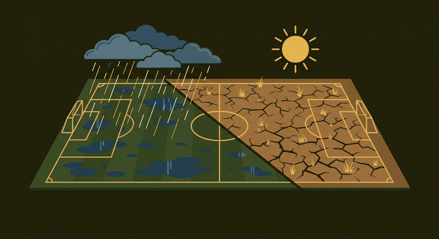 Ilustrasi lapangan bola yang setengah kehujanan dan setengah kering mencerminkan dua musim berbeda