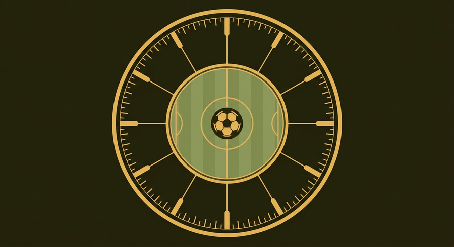 Ilustrasi roda tahun dua belas bulan bergaya lingkaran tengah lapangan sepak bola dengan aksen emas